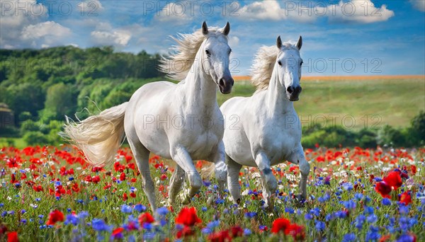 KI generated, A horse, horses, Arabian, in front of a blue sky, thoroughbred Arabian, AV, Arabian thoroughbred, (Eqqus ferus caballus), running in a meadow with colourful flowers