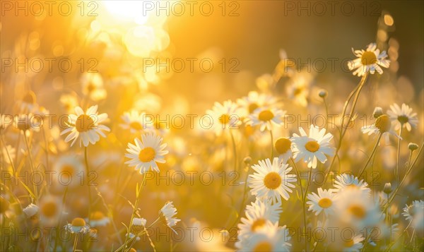 Chamomile field at golden hour, spring nature background AI generated