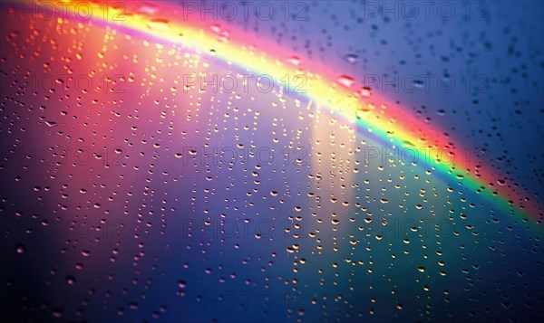 Colorful rainbow after spring rain, rainbow on dark cloudy sky AI generated