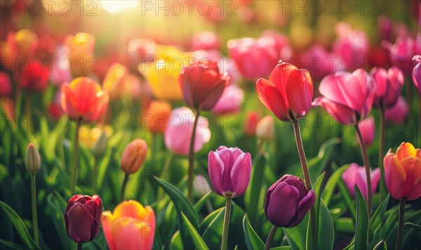 Field of vibrant tulips, spring nature, tulip background AI generated