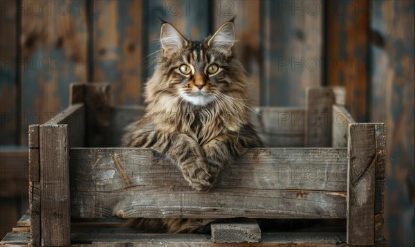 Maine Coon cat sitting proudly atop a rustic wooden crate AI generated