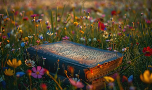 Old book lying on a grassy knoll surrounded by wildflowers AI generated