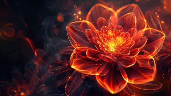 Beautiful fiery flower on a dark background. Digital art. The image is impressive in its unexpectedness and can be used in design in a wide variety of areas, AI generated