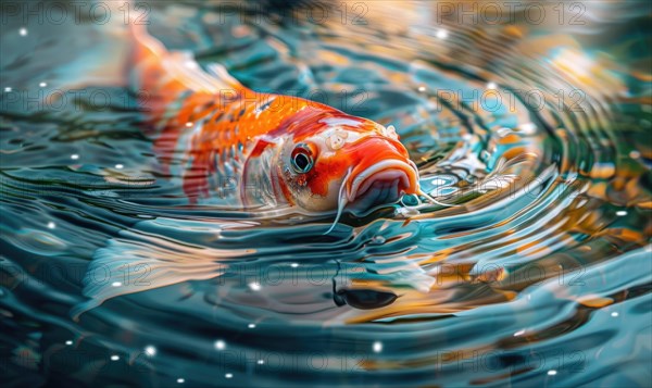 Close-up of a beautiful koi fish rising to the surface of the water AI generated