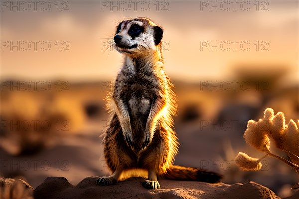 Meerkat standing on its hind legs vigilantly scanning the horizon of the Kalahari desert, AI generated
