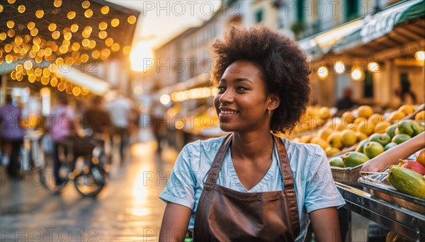 A market vendor in a wheelchair beams with a friendly smile amidst a fruit market setup, AI generated