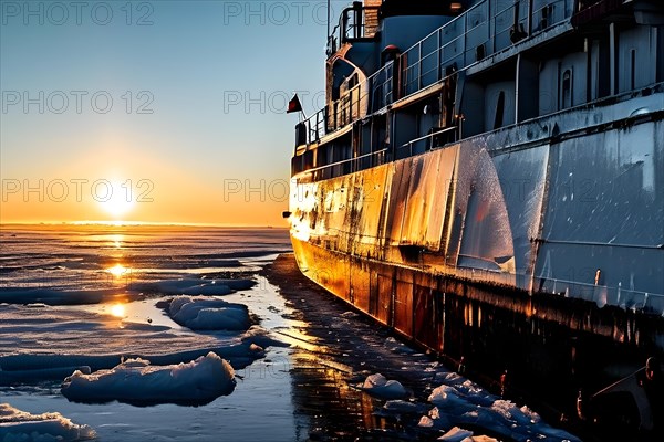 Icebreaker ship carving a path through thick ice of the polar region, AI generated