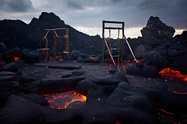 Lava destroying the remnants of a playground swings and slides emerging from hardened lava, AI generated