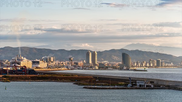 View of Cruise Ships Terminal and Barcelona at sunrise, Catalonia, Spain, Europe
