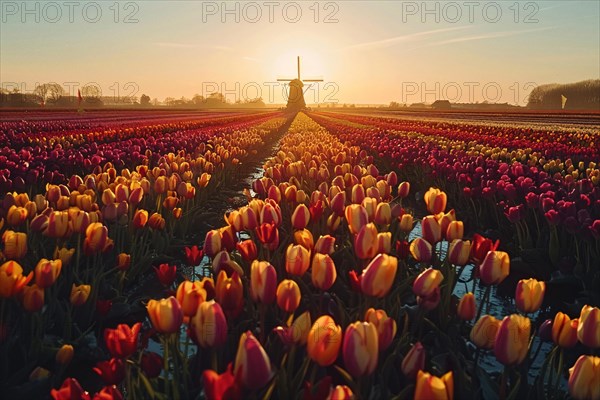 Tranquil scene of a tulip field at sunset with warm light cast upon a solitary windmill, AI generated