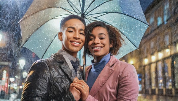 Happy lesbian couple close together under an umbrella on a rainy, illuminated city street at night, AI generated