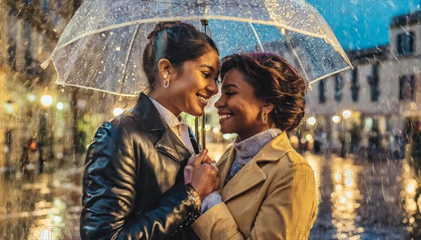 Romantic homosexual female couple in leather jackets sharing an umbrella on a rainy city street, blurry background with bokeh effect, AI generated AI generated