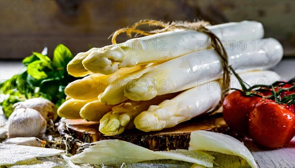 Bundled white asparagus against a rustic background with cherry tomatoes and herbs, fresh white asparagus, KI generated, AI generated