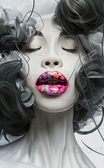 Surreal grayscale female portrait with glossy multicolored lips and abstract wrapped hair, Vertical digital portrait illustration, AI generated