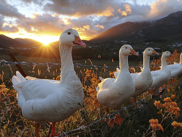 Geese standing behind a wire fence during sunset in the mountains, AI generated, AI generated, AI generated