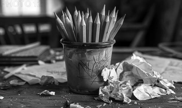 Graphite pencils arranged in a cup on a desk, surrounded by crumpled sheets of discarded white paper AI generated