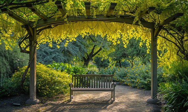 Laburnum branches arching over a garden bench AI generated