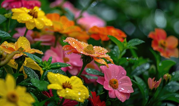 Raindrops clinging to the petals of colorful blooming flowers in a garden, closeup view AI generated