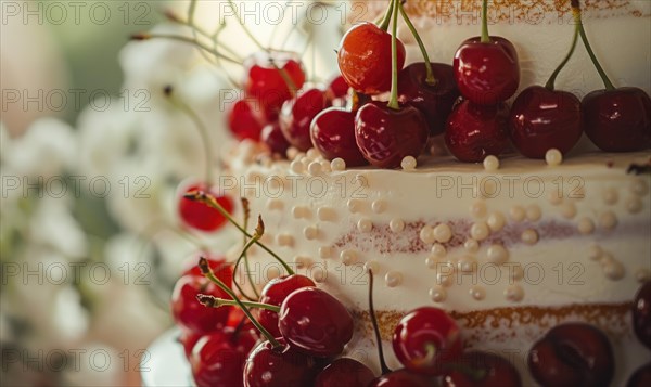 Ripe cherries adorning a wedding cake, closeup view, bokeh lights on background AI generated