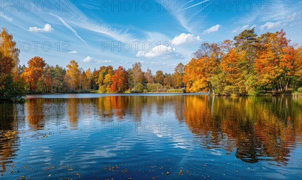 The lake adorned with colorful autumn foliage AI generated