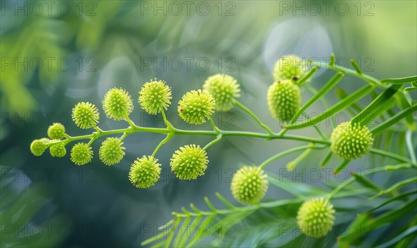 A close-up view of Mimosa seed pods against a blurred background of lush foliage AI generated