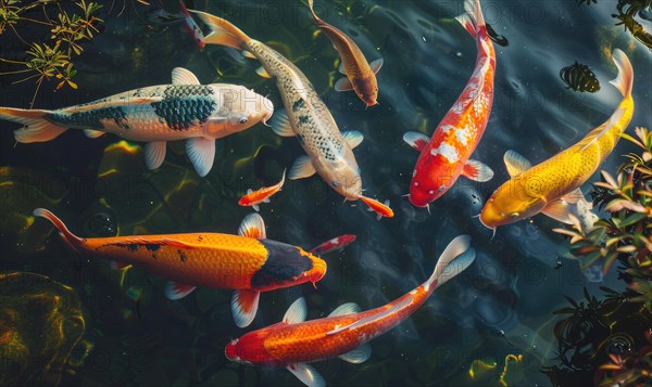 A group of colorful koi fish swimming in a tranquil pond AI generated