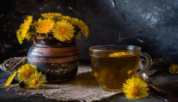 Rustic still life with a tea glass and coltsfoot in an old pot, coltsfoot tea, medicinal plant coltsfoot, Tussilago farfara, KI generated, AI generated