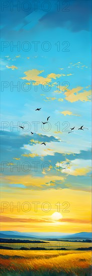 AI generated abstract painting of grasslands under a blazing sunset waves of greens