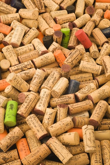 Pile of assorted natural oak and plastic wine bottle corks and stoppers of various vintage, Studio Composition, Quebec, Canada, North America