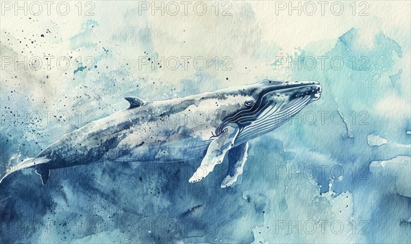 A peaceful watercolor painting of a whale diving into the depths of the ocean AI generated