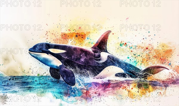 A watercolor depiction of an orca whale breaching the surface against a backdrop of vibrant ocean hues AI generated