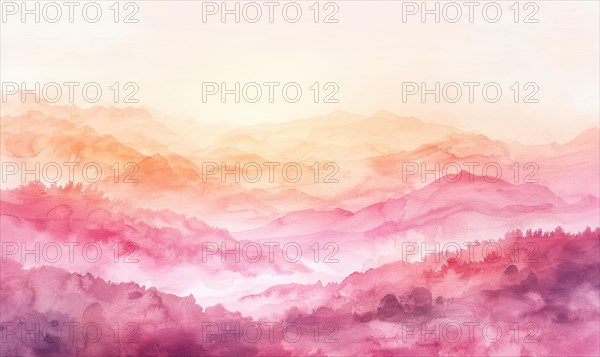 Soft hues of pink and orange in a watercolor valley painting during sunrise AI generated