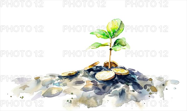 Watercolor illustration of a tree sprout with coins around it AI generated