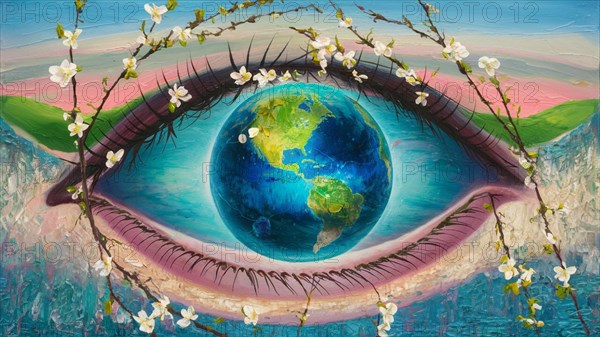 Painting of an eye with an Earth globe pupil surrounded by nature and flowers, AI generated