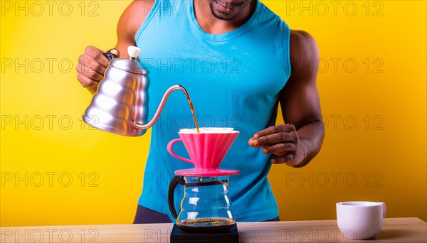 Muscular male person in a tank top making coffee against a yellow wall, adding to fitness routine, horizontal, AI generated