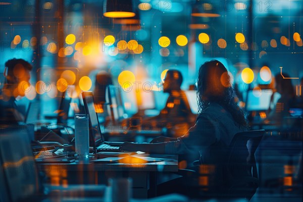 Busy technology hub with people working at computers during nighttime, bathed in blue tones, AI generated