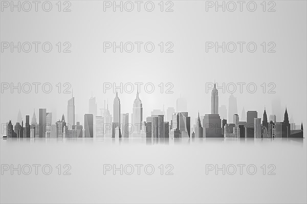 Monochrome minimalist skyline silhouette of a cityscape, illustration, AI generated