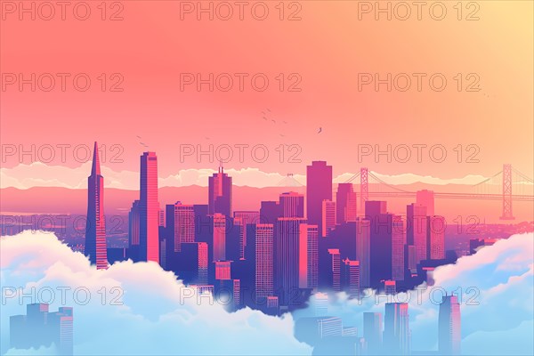 Abstract digital art of a cityscape skyline at sunset, enveloped by clouds and warm colors, illustration, AI generated