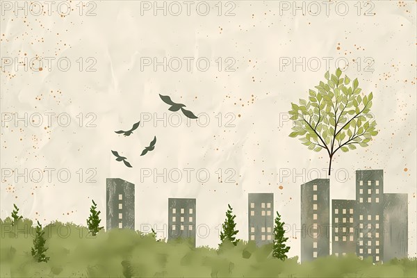 Simplistic cityscape with a tree and birds on a paper-textured background, illustration, AI generated