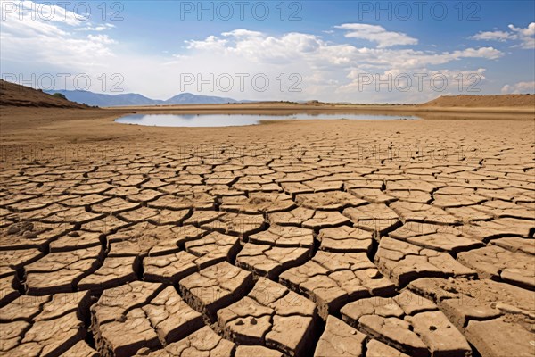 Dry cracked earth with dried up lake in background. KI generiert, generiert, AI generated