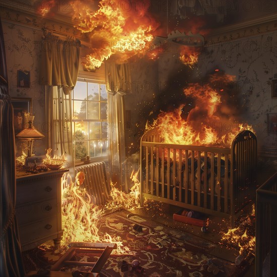 A fire breaks out in the children's room, creating a dramatic and disturbing image, AI generates, AI generated