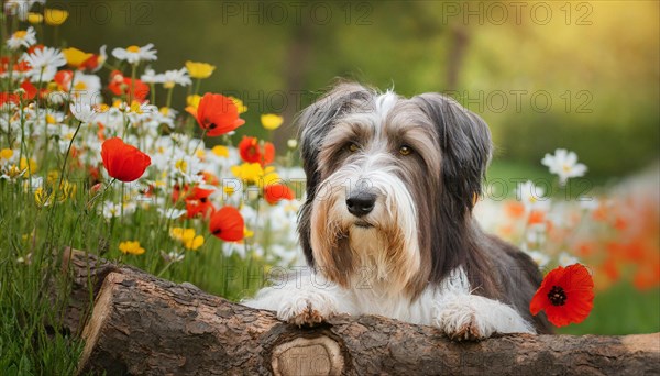 Ai generated, animal, animals, mammal, mammals, a, single animal, bobtail, (Canis lupus familiaris), dog, dogs, bitch, dog breed from England, a single animal, lies on a tree trunk, portrait, freontal