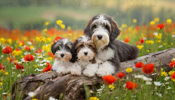 Ai generated, animal, animals, mammal, mammals, a, single animal, bobtail, (Canis lupus familiaris), dog, dogs, bitch, dog breed from England, a bitch and two puppies lie in a meadow and rest