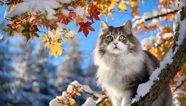 AI generated, animal, animals, mammal, mammals, cat, felidae (Felis catus), a grey and white American Forest Cat, sitting in a tree, autumn, autumn leaves, snow, onset of winter