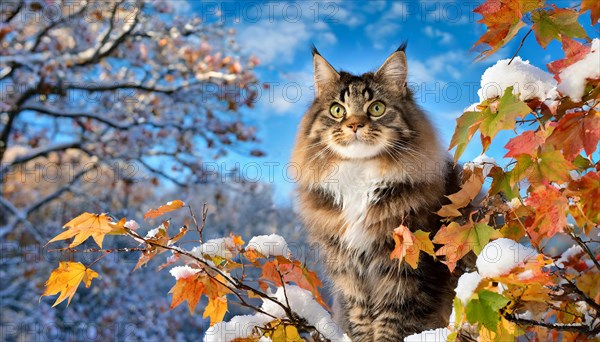 AI generated, animal, animals, mammal, mammals, cat, felidae (Felis catus), a colourful American Forest Cat, sitting in a tree, autumn, autumn leaves, snow, onset of winter