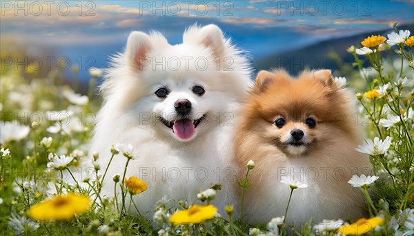 KI generated, animal, animals, mammal, mammals, a, single animal, dwarf spitz, Spitz, (Canis lupus familiaris), dog, dogs, bitch, Pomeranians, bitch with young, puppy, flower meadow, portrait, frontal