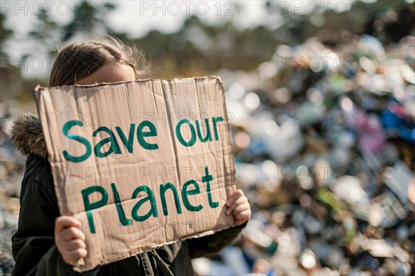 Activist with cardboard sign with text 'Save our planet' in front of blurry mountain of garbage. KI generiert, generiert, AI generated