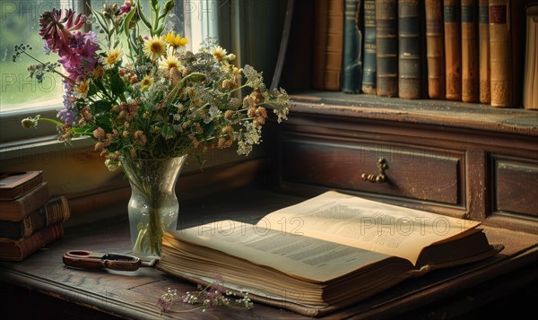 Antique desk with an open old book and a vase of wildflowers AI generated