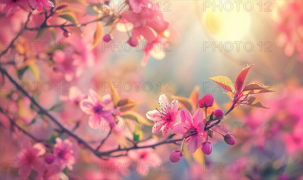 Blooming cherry blossom tree, closeup view, selective focus, bokeh AI generated