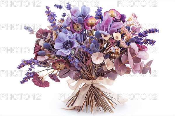 A captivating bouquet of mixed dried flowers, featuring vibrant hues of purple and blue, intricately tied with a graceful ribbon, exuding natural beauty and elegance, AI generated